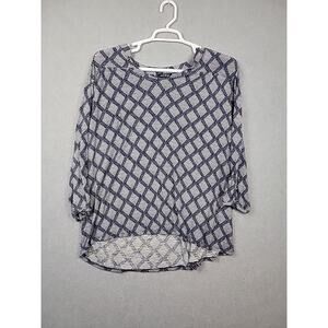 Lucky Brand Blue Diamond 3/4 Sleeve Boho Casual Viscose Blouse Women's Plus 2X